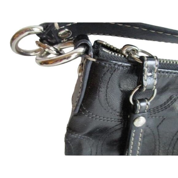 Coach Shiny Patent Stitched Logo Black Leather Baguette - Picture 5 of 9